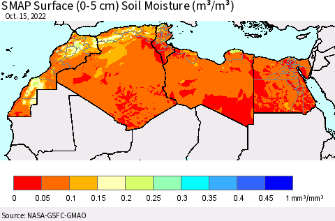 North Africa SMAP Surface (0-5 cm) Soil Moisture (m³/m³) Thematic Map For 10/11/2022 - 10/15/2022