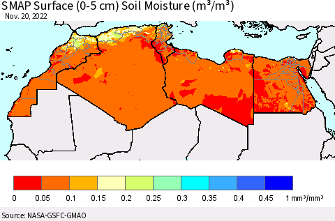 North Africa SMAP Surface (0-5 cm) Soil Moisture (m³/m³) Thematic Map For 11/16/2022 - 11/20/2022