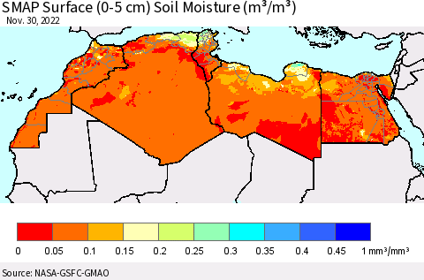 North Africa SMAP Surface (0-5 cm) Soil Moisture (m³/m³) Thematic Map For 11/26/2022 - 11/30/2022