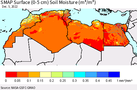 North Africa SMAP Surface (0-5 cm) Soil Moisture (m³/m³) Thematic Map For 12/1/2022 - 12/5/2022
