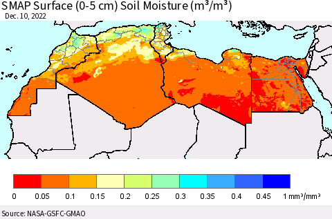 North Africa SMAP Surface (0-5 cm) Soil Moisture (m³/m³) Thematic Map For 12/6/2022 - 12/10/2022