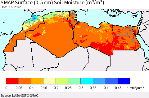 North Africa SMAP Surface (0-5 cm) Soil Moisture (m³/m³) Thematic Map For 12/11/2022 - 12/15/2022