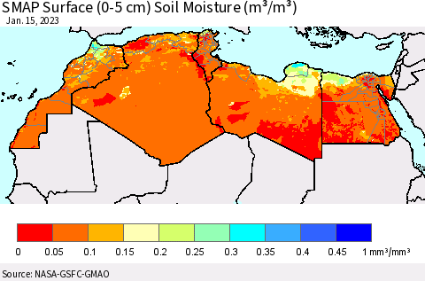 North Africa SMAP Surface (0-5 cm) Soil Moisture (m³/m³) Thematic Map For 1/11/2023 - 1/15/2023