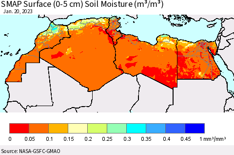 North Africa SMAP Surface (0-5 cm) Soil Moisture (m³/m³) Thematic Map For 1/16/2023 - 1/20/2023