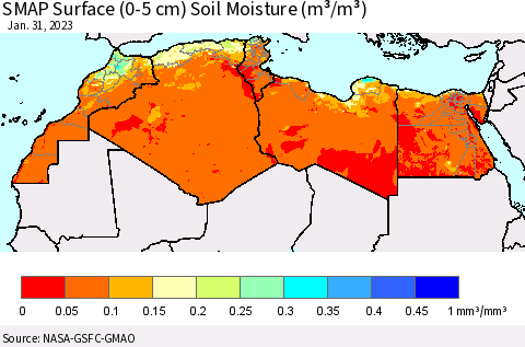 North Africa SMAP Surface (0-5 cm) Soil Moisture (m³/m³) Thematic Map For 1/26/2023 - 1/31/2023