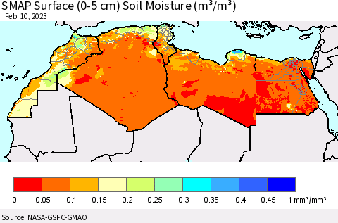 North Africa SMAP Surface (0-5 cm) Soil Moisture (m³/m³) Thematic Map For 2/6/2023 - 2/10/2023
