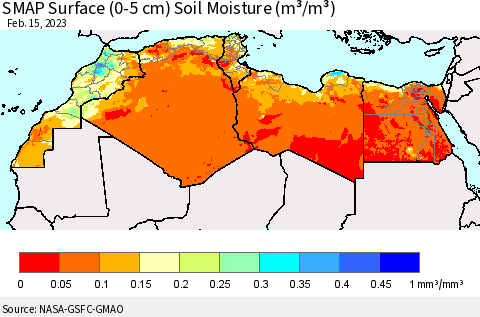 North Africa SMAP Surface (0-5 cm) Soil Moisture (m³/m³) Thematic Map For 2/11/2023 - 2/15/2023