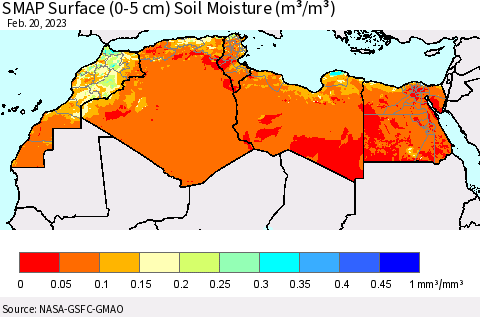 North Africa SMAP Surface (0-5 cm) Soil Moisture (m³/m³) Thematic Map For 2/16/2023 - 2/20/2023