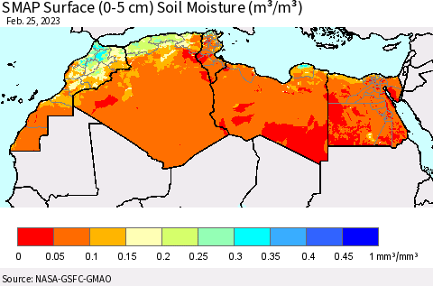 North Africa SMAP Surface (0-5 cm) Soil Moisture (m³/m³) Thematic Map For 2/21/2023 - 2/25/2023