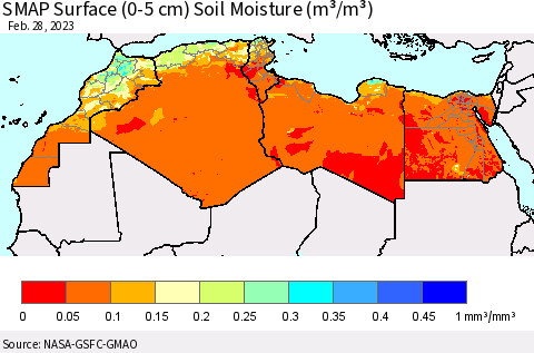 North Africa SMAP Surface (0-5 cm) Soil Moisture (m³/m³) Thematic Map For 2/26/2023 - 2/28/2023