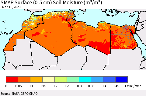 North Africa SMAP Surface (0-5 cm) Soil Moisture (m³/m³) Thematic Map For 3/6/2023 - 3/10/2023