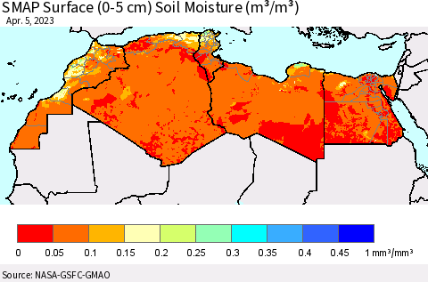 North Africa SMAP Surface (0-5 cm) Soil Moisture (m³/m³) Thematic Map For 4/1/2023 - 4/5/2023