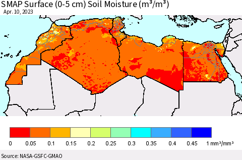 North Africa SMAP Surface (0-5 cm) Soil Moisture (m³/m³) Thematic Map For 4/6/2023 - 4/10/2023