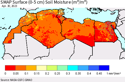 North Africa SMAP Surface (0-5 cm) Soil Moisture (m³/m³) Thematic Map For 4/26/2023 - 4/30/2023