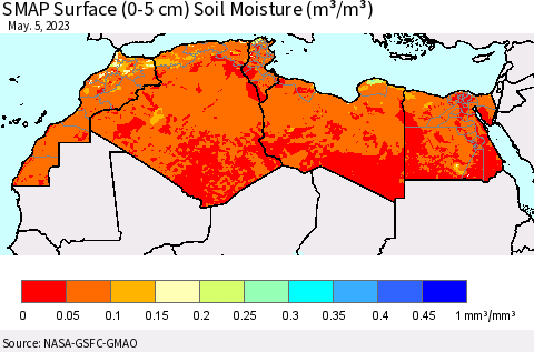 North Africa SMAP Surface (0-5 cm) Soil Moisture (m³/m³) Thematic Map For 5/1/2023 - 5/5/2023