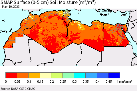 North Africa SMAP Surface (0-5 cm) Soil Moisture (m³/m³) Thematic Map For 5/6/2023 - 5/10/2023