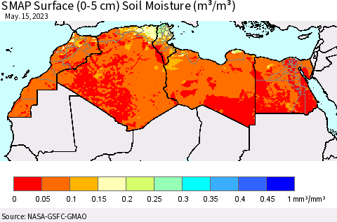 North Africa SMAP Surface (0-5 cm) Soil Moisture (m³/m³) Thematic Map For 5/11/2023 - 5/15/2023