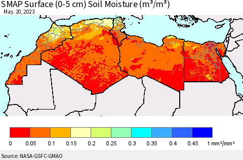 North Africa SMAP Surface (0-5 cm) Soil Moisture (m³/m³) Thematic Map For 5/16/2023 - 5/20/2023