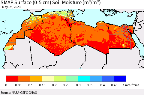 North Africa SMAP Surface (0-5 cm) Soil Moisture (m³/m³) Thematic Map For 5/21/2023 - 5/25/2023