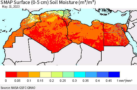 North Africa SMAP Surface (0-5 cm) Soil Moisture (m³/m³) Thematic Map For 5/26/2023 - 5/31/2023