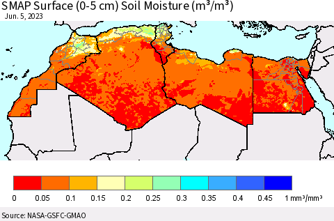 North Africa SMAP Surface (0-5 cm) Soil Moisture (m³/m³) Thematic Map For 6/1/2023 - 6/5/2023