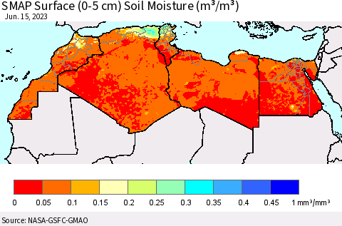 North Africa SMAP Surface (0-5 cm) Soil Moisture (m³/m³) Thematic Map For 6/11/2023 - 6/15/2023