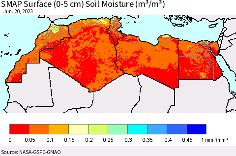 North Africa SMAP Surface (0-5 cm) Soil Moisture (m³/m³) Thematic Map For 6/16/2023 - 6/20/2023