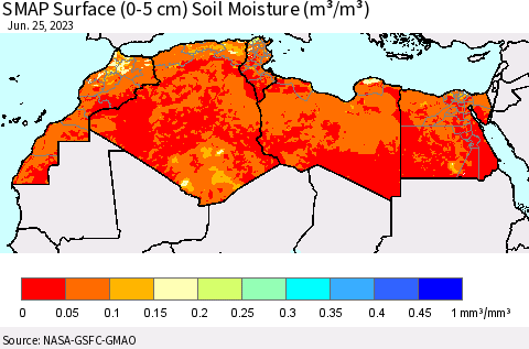 North Africa SMAP Surface (0-5 cm) Soil Moisture (m³/m³) Thematic Map For 6/21/2023 - 6/25/2023