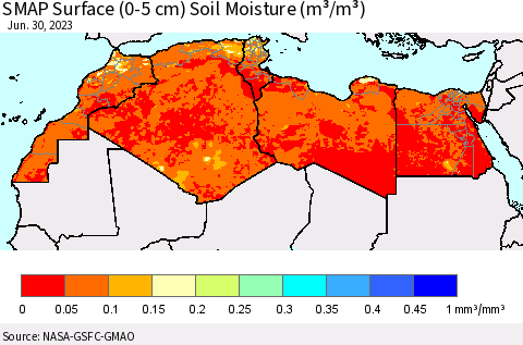 North Africa SMAP Surface (0-5 cm) Soil Moisture (m³/m³) Thematic Map For 6/26/2023 - 6/30/2023