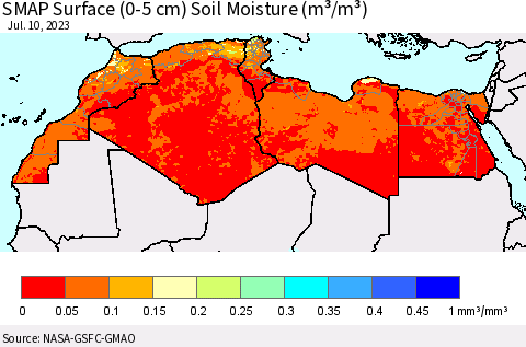 North Africa SMAP Surface (0-5 cm) Soil Moisture (m³/m³) Thematic Map For 7/6/2023 - 7/10/2023