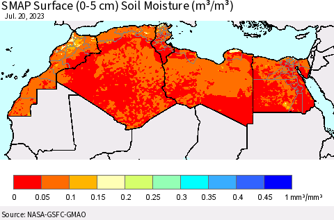 North Africa SMAP Surface (0-5 cm) Soil Moisture (m³/m³) Thematic Map For 7/16/2023 - 7/20/2023