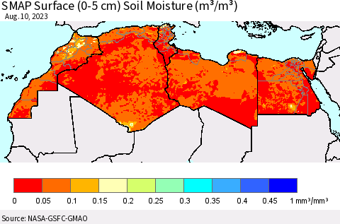 North Africa SMAP Surface (0-5 cm) Soil Moisture (m³/m³) Thematic Map For 8/6/2023 - 8/10/2023