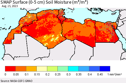 North Africa SMAP Surface (0-5 cm) Soil Moisture (m³/m³) Thematic Map For 8/11/2023 - 8/15/2023