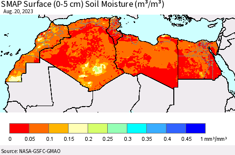North Africa SMAP Surface (0-5 cm) Soil Moisture (m³/m³) Thematic Map For 8/16/2023 - 8/20/2023