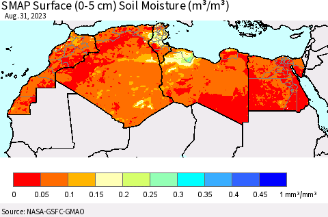 North Africa SMAP Surface (0-5 cm) Soil Moisture (m³/m³) Thematic Map For 8/26/2023 - 8/31/2023
