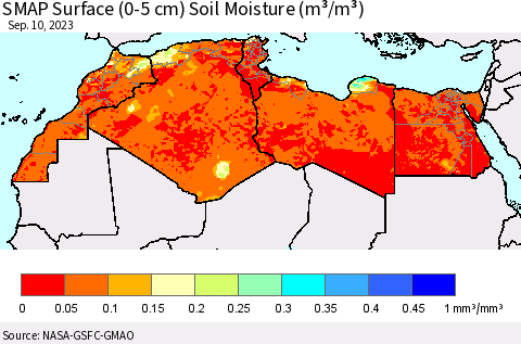 North Africa SMAP Surface (0-5 cm) Soil Moisture (m³/m³) Thematic Map For 9/6/2023 - 9/10/2023