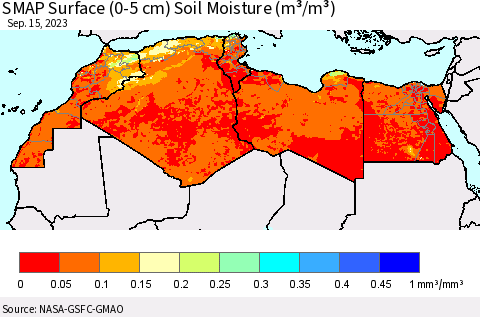 North Africa SMAP Surface (0-5 cm) Soil Moisture (m³/m³) Thematic Map For 9/11/2023 - 9/15/2023