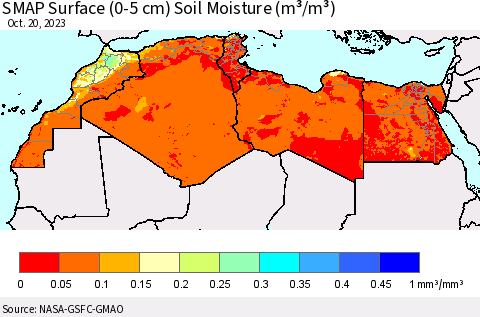 North Africa SMAP Surface (0-5 cm) Soil Moisture (m³/m³) Thematic Map For 10/16/2023 - 10/20/2023