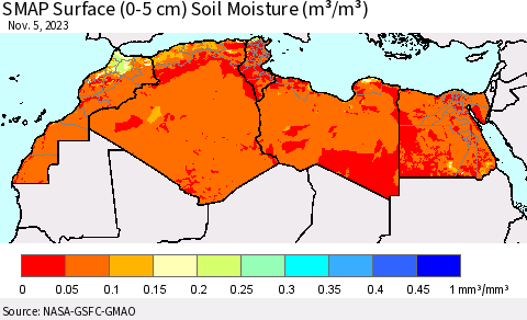 North Africa SMAP Surface (0-5 cm) Soil Moisture (m³/m³) Thematic Map For 11/1/2023 - 11/5/2023