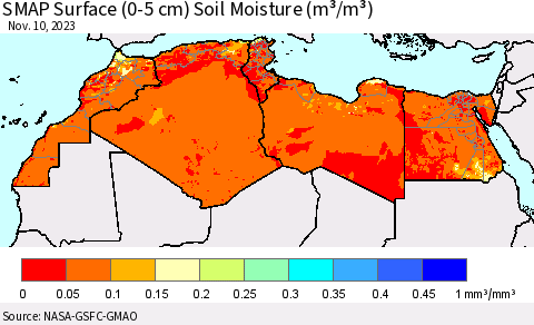 North Africa SMAP Surface (0-5 cm) Soil Moisture (m³/m³) Thematic Map For 11/6/2023 - 11/10/2023