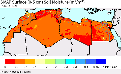 North Africa SMAP Surface (0-5 cm) Soil Moisture (m³/m³) Thematic Map For 11/11/2023 - 11/15/2023