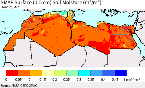 North Africa SMAP Surface (0-5 cm) Soil Moisture (m³/m³) Thematic Map For 11/21/2023 - 11/25/2023