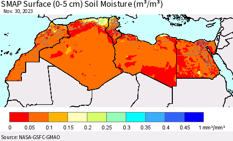North Africa SMAP Surface (0-5 cm) Soil Moisture (m³/m³) Thematic Map For 11/26/2023 - 11/30/2023