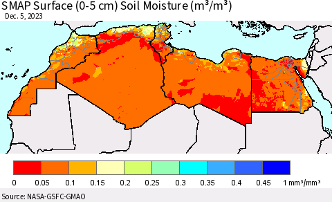 North Africa SMAP Surface (0-5 cm) Soil Moisture (m³/m³) Thematic Map For 12/1/2023 - 12/5/2023