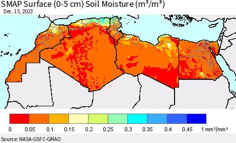 North Africa SMAP Surface (0-5 cm) Soil Moisture (m³/m³) Thematic Map For 12/11/2023 - 12/15/2023