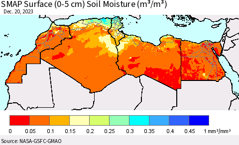 North Africa SMAP Surface (0-5 cm) Soil Moisture (m³/m³) Thematic Map For 12/16/2023 - 12/20/2023
