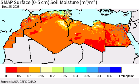 North Africa SMAP Surface (0-5 cm) Soil Moisture (m³/m³) Thematic Map For 12/21/2023 - 12/25/2023