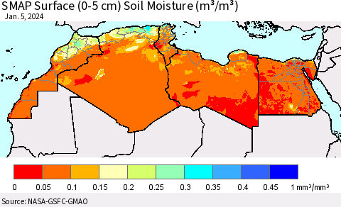 North Africa SMAP Surface (0-5 cm) Soil Moisture (m³/m³) Thematic Map For 1/1/2024 - 1/5/2024
