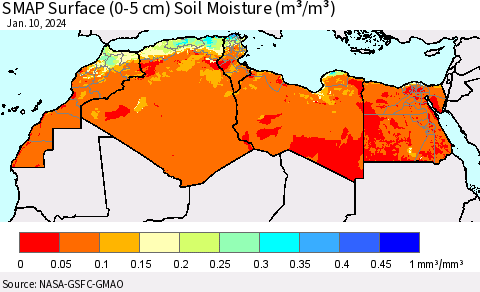 North Africa SMAP Surface (0-5 cm) Soil Moisture (m³/m³) Thematic Map For 1/6/2024 - 1/10/2024