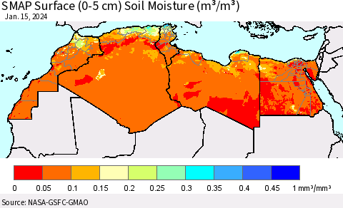 North Africa SMAP Surface (0-5 cm) Soil Moisture (m³/m³) Thematic Map For 1/11/2024 - 1/15/2024